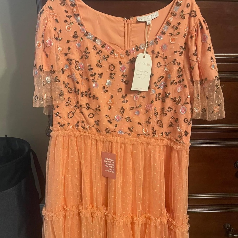 Ivy City Co Peach Sequin Embroidered Midi Dress